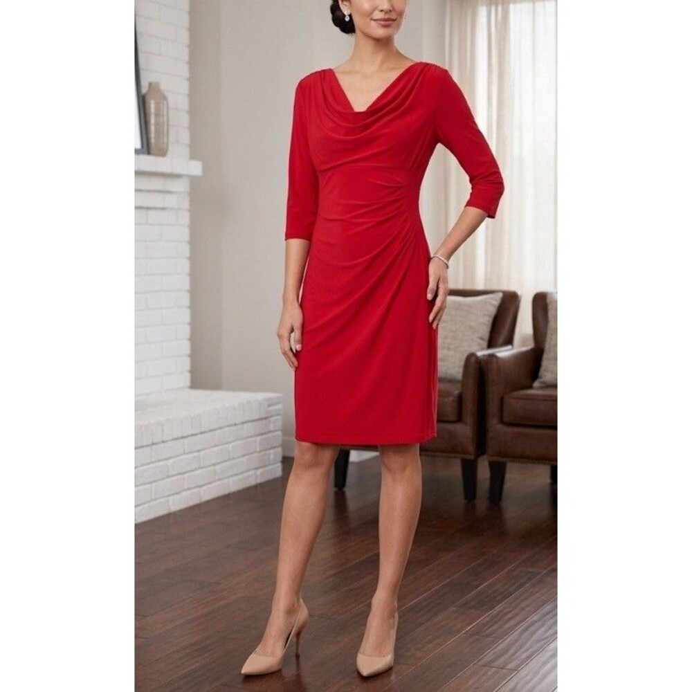 Lauren Ralph Lauren Sz 4P Red Drape Neck Half Sleeve Gathered Side Sheath Dress